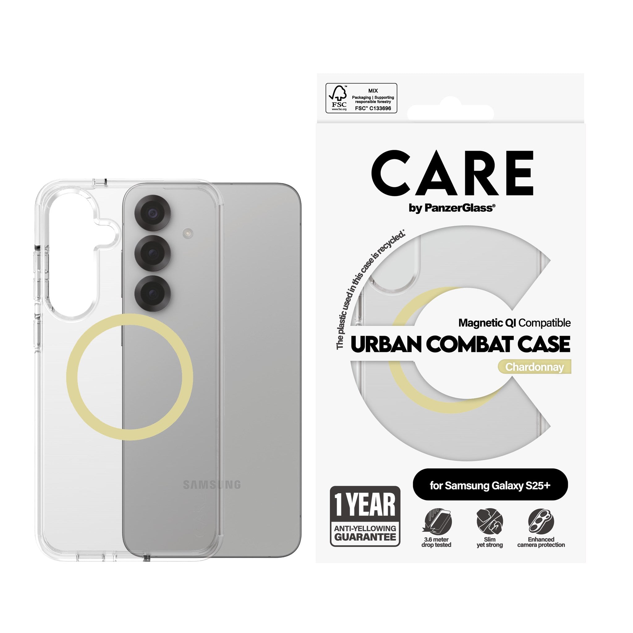 CARE by PanzerGlass® Urban Combat Case Transparent w. Chardonnay Qi Compatible Samsung Galaxy S25+